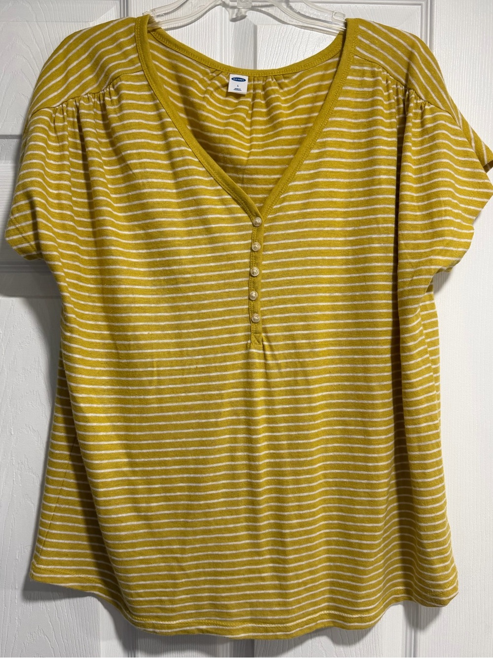 Old Navy Yellow and White Striped V-Neck Henley Tee